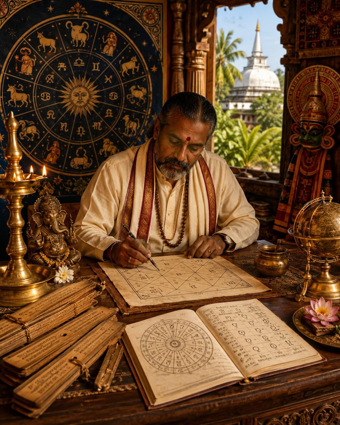 Traditional astrologer preparing a horoscope reading with ola-leaf manuscripts