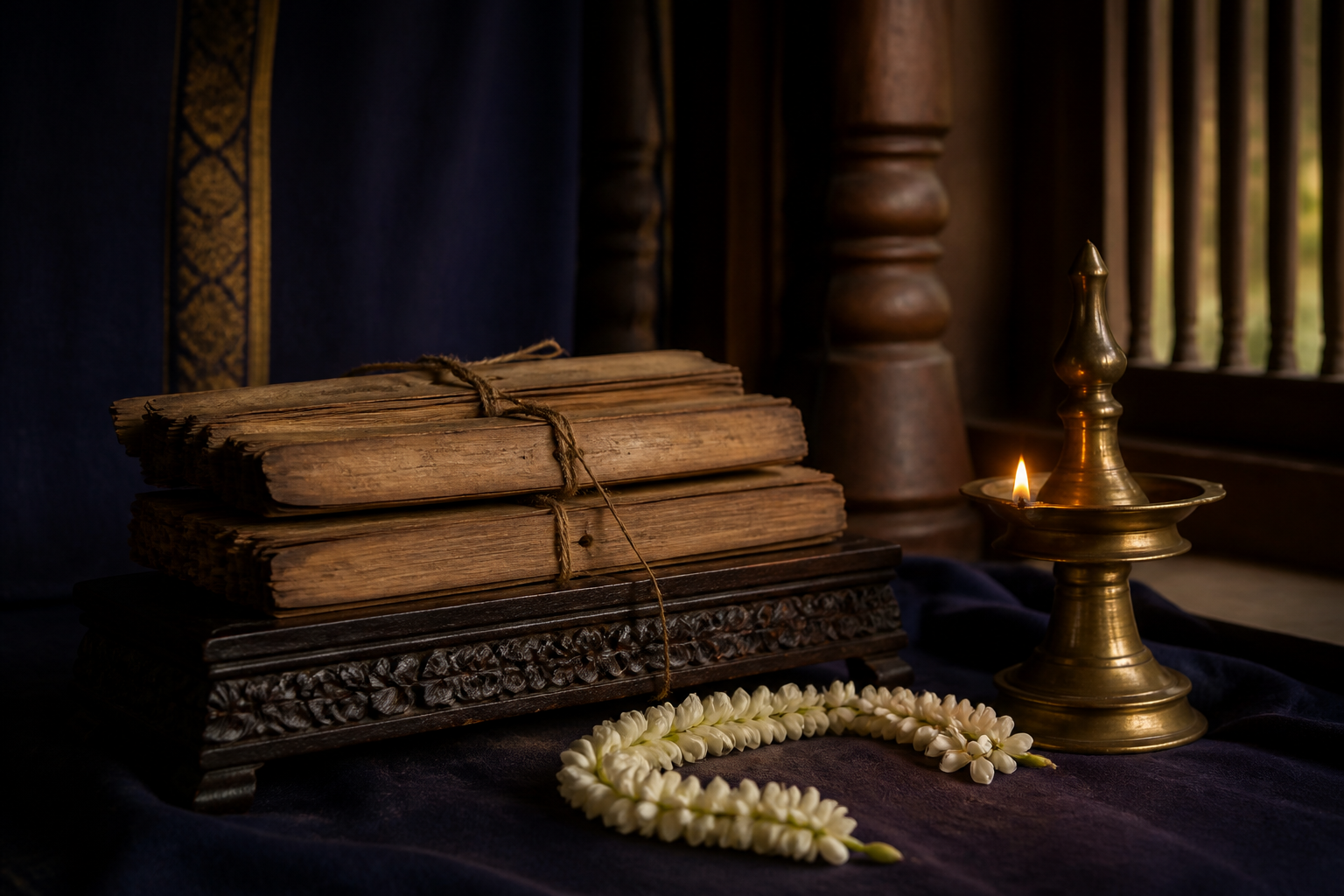 Ancestral ola-leaf manuscripts beside a traditional oil lamp