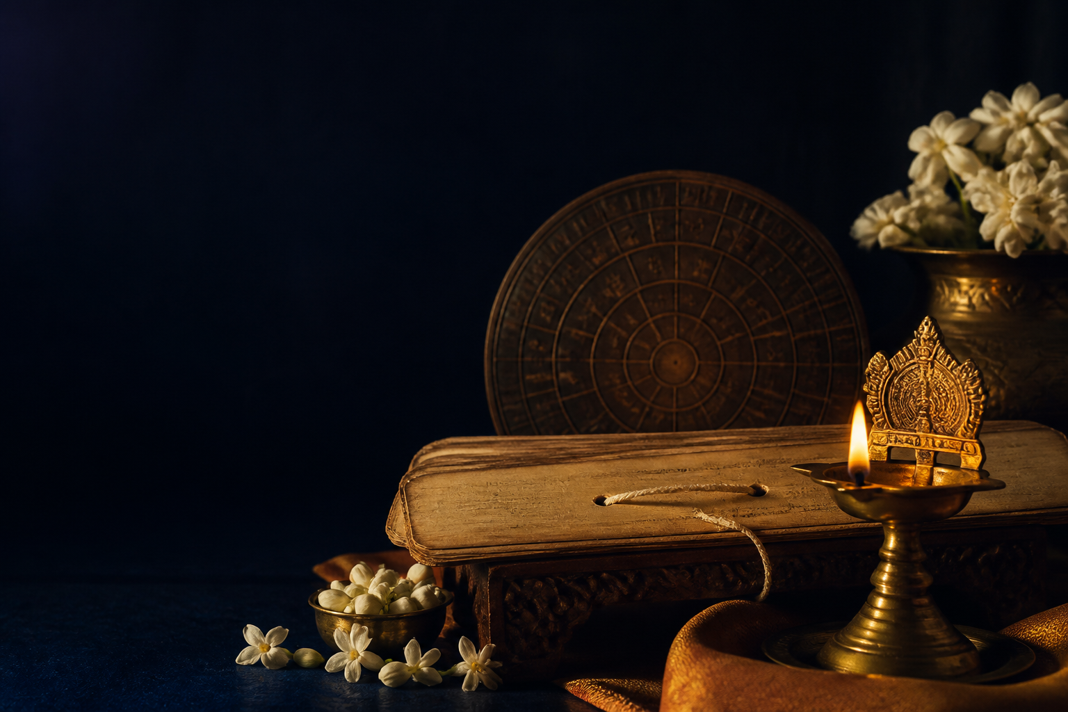 Traditional ola-leaf astrology manuscripts and brass oil lamp