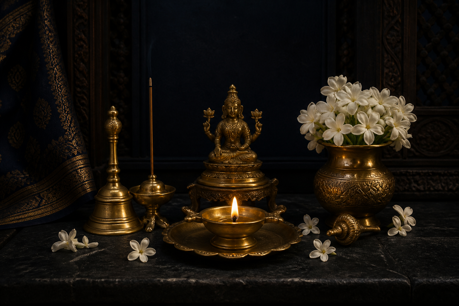 Consecrated traditional brass pooja oil lamp and sacred items