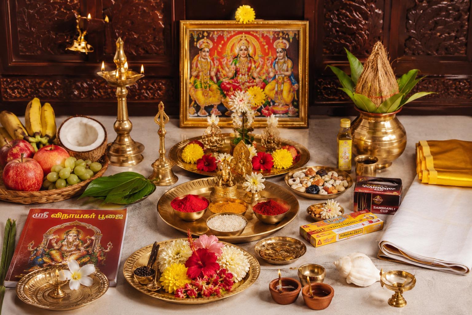 Traditional pooja ceremony arrangement with brass lamps, flowers and sacred offerings