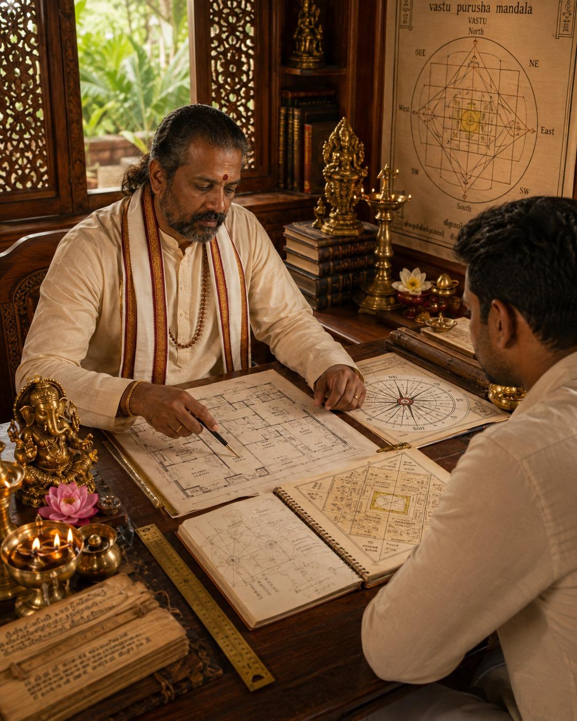 Traditional Vaasthu consultation reviewing home plans and directional alignment